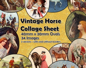 Vintage Horses Printable Digital Collage Sheet  - 40mm x 30mm ovals  - 34 different images - perfect for jewelry making etc