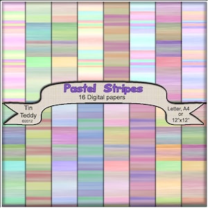 Pastel Stripes Digital Papers - 16 Soft Striped Printable Backgrounds for Scrapbooking, Cardmaking etc Instant Download