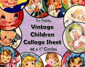 Vintage Children Digital Collage Sheet  - 1 Inch Circles x 48  - Perfect for Jewelry, Bottle Caps - Instant Download