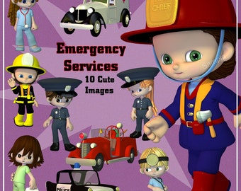 Emergency Services Digital Clip Art - 10 Clipart  Images of Police, Fire & Medical Workers for Scrapbooking, Card making etc