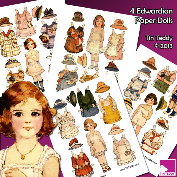 Edwardian Paper Dolls Digital Collage Sheet - 4 druckbare Vintage Dress Up Dollies und viele Kleidung