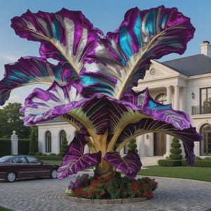 May include: A large, sculptural plant featuring oversized, ruffled leaves in vibrant shades of deep purple, metallic silver, and iridescent teal. The plant has a thick, golden-toned central stalk and is situated in a circular garden bed.