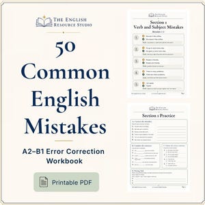 以下が含まれることがあります： The English Resource Studioによるデジタル学習ワークブック「50 Common English Mistakes A2-B1 Error Correction Workbook」。動詞と主語の間違いに関するセクション、練習問題、印刷可能なPDFラベルが含まれています。