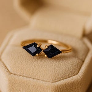 Blue Sandstone Kite Cut Ring, Celestial Starry Gemstone, Gold Dainty Band, Prong Setting