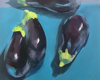 Aubergine Still Life Original Painting, Loose Impressionist Art