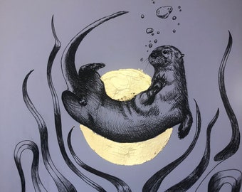 Original Otter Swimming ink drawing. Wildlife Ink Drawings. Gold leaf. Original Art. Nature river drawing wall art gallery