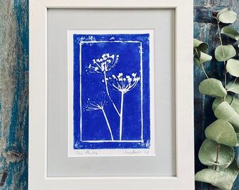 Wildflower Lino Print Original Art. Botanical Folk Wall Art. Cow Parsley Meadow. Farm decor. Countryside Cottage Traditional art Rustic