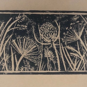 Original wildflower Lino print Art. Botanical art. Original meadow thistle grass. Farm decor.Countryside fields wildlife art original