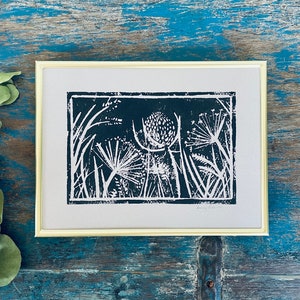 Original wildflower Lino print Art. Botanical art. Original meadow thistle grass. Farm decor.Countryside fields wildlife art original