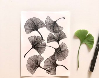 Original Gingko leaves Botanical ink drawing. Botanical Ink Drawings. Plant lover gift. Original Art. Nature tree drawing wall art gallery