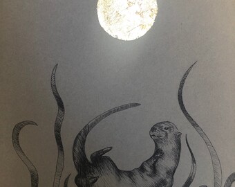 Original Otter Swimming ink drawing. Wildlife Ink Drawings. Gold leaf. Original Art. Nature river drawing wall art gallery