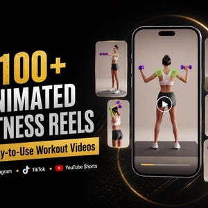 May include: A digital display featuring 1100+ Animated Fitness Reels and Ready-to-Use Workout Videos. A smartphone shows a video of a person performing exercises with purple dumbbells, with smaller frames illustrating various workout movements.