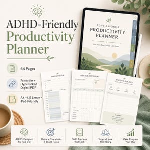Può includere: Un pianificatore di produttività ADHD-Friendly visualizzato su un tablet e pagine stampate. Il planner presenta un'illustrazione paesaggistica, 64 pagine e sezioni per il focus quotidiano, la panoramica settimanale e la creazione di routine.
