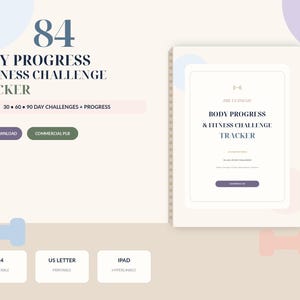 Op de afbeelding: Een digitale planner voor lichaamsvoortgang en fitnessuitdagingen met de tekst 84 BODY PROGRESS & FITNESS CHALLENGE TRACKER, 30-60-90 DAY CHALLENGES + PROGRESS, INSTANT DOWNLOAD, COMMERCIAL PLR, A4, US LETTER, IPAD, een halter en een waterfles.