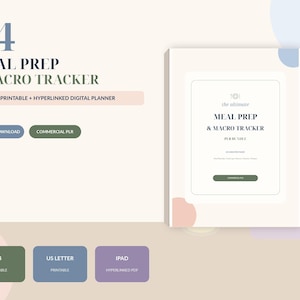 May include: A digital planner titled 84 Meal Prep + Macro Tracker with printable and hyperlinked options. The interface features text labels for A4, US Letter, and iPad formats, alongside buttons for instant download and commercial PLR usage.