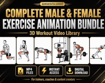 Op de afbeelding: Een digitaal pakket getiteld COMPLETE MALE & FEMALE EXERCISE ANIMATION BUNDLE 3D WORKOUT VIDEO LIBRARY met zes illustraties van personen die verschillende oefeningen uitvoeren, waaronder lunges, squats, push-ups en lat pulldowns.