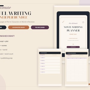 May include: The Ultimate Novel Writing Planner PLR Bundle featuring 98 undated pages for plot, characters, world, and revision. Includes digital tablet displays showing planner layouts for story concepts, chapters, scenes, writing goals, and publishing prep.