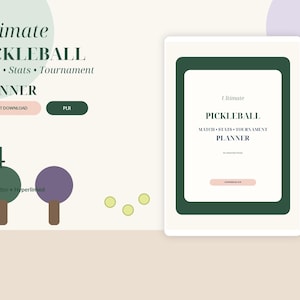 Könnte beinhalten: Ein digitaler Planer mit dem Titel Ultimate PICKLEBALL Match Stats Tournament PLANNER mit 84 Seiten. Das Design zeigt grüne und violette Pickleball-Schläger-Symbole, drei gelbe Bälle und ein Tablet, das die Titelseite des Planers anzeigt.