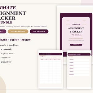 Könnte beinhalten: Ein digitales Aufgaben-Tracker-PLR-Paket mit einem undatierten 60-seitigen Studentenplanungssystem. Das Layout enthält Text zum Planen, Verfolgen, Einreichen und Überprüfen sowie Abschnitte für Aufgaben, Fristen, Aufsätze, Forschung, Projekte und Noten.