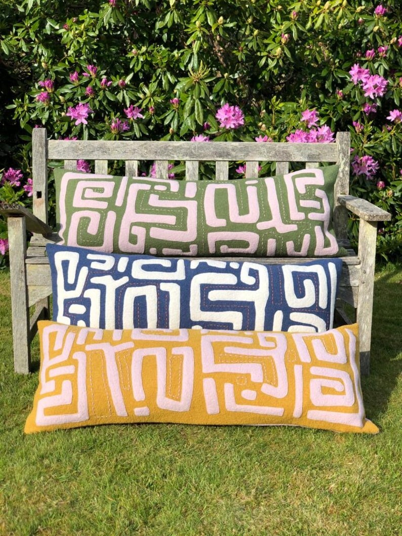 Long Bolster Cushion/ Pillow in Mustard and Pink With Applique Etsy UK