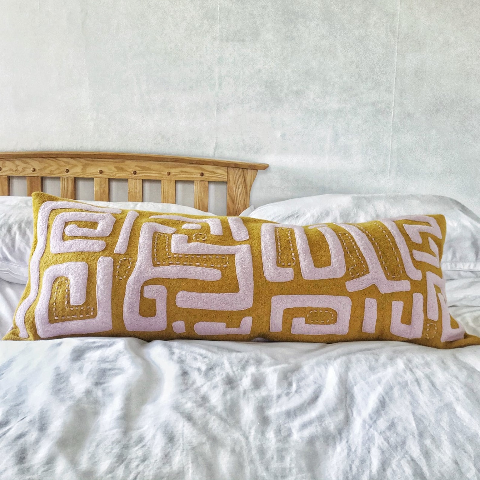 Long Bolster Cushion/ Pillow in Mustard and Pink With Applique Etsy UK