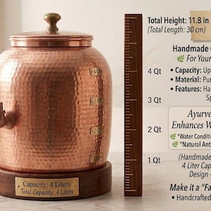 May include: A hammered copper water dispenser with a lid and spigot, resting on a circular wooden base. A wooden ruler shows a total height of 11.8 inches. The dispenser features capacity markings from 1 to 4 quarts and a 4-liter capacity label.