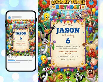 Editable Baby Looney Tunes Birthday Invite | Cartoon Kids Party | Printable Canva Template
