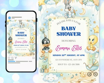 Editable Water Color Looney Tunes Baby Shower Invitation | Printable Canva Template | Instant Download