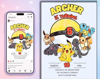 Pokemon Birthday Invitation, Kids Party Card, Editable Canva Template, Digital Printable Invitation