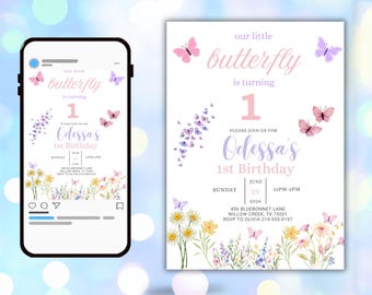 Butterfly 1st Birthday Invitation, Pink Purple Floral, Little Girl Party (Digital Download)