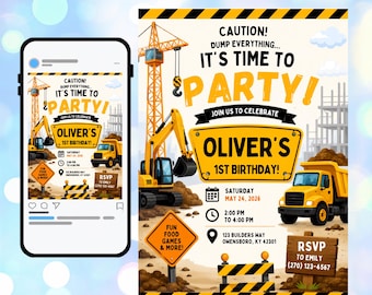 Construction Truck 1st Birthday Invitation, Editable Canva Template (Digital Download)
