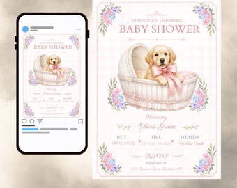 Pink Bow Puppy Shower Invitation, Gingham Puppy Party, Editable Canva Template, Girl Dog Celebration