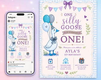 One Silly Goose First Birthday Invitation, Pink Gingham Girl Template (Digital Download)