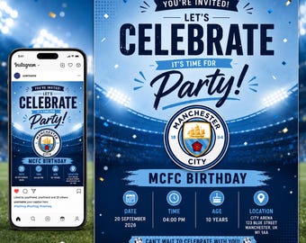 Manchester City FC Birthday Invitation, Editable Canva Football Party Invite, Printable Digital Download
