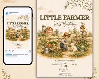 Little Farmer First Birthday Invitation, Farm Animals Barnyard Party (Digital Download)
