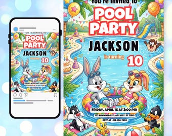 Editable Baby Looney Tunes Pool Party Invitation | Kids Birthday Invite | Digital Download