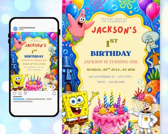 Editable Sponge Birthday Invitation Template | Under the Sea Cartoon Party Invite