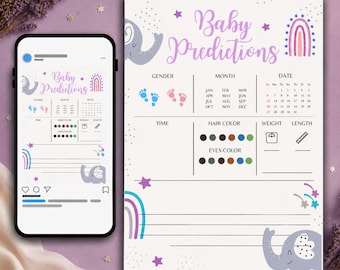 Editable Baby Shower Prediction Card, Elephant Rainbow Design (Digital Download)