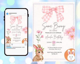 Some Bunny First Birthday Invitation, Pink Rabbit Party Invite for Girls, Editable Canva Template