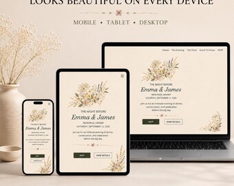 Wildflower wedding website invitation, Minimalist Web Invitation, The Night Before Wedding, Editable Canva RSVP Invitation