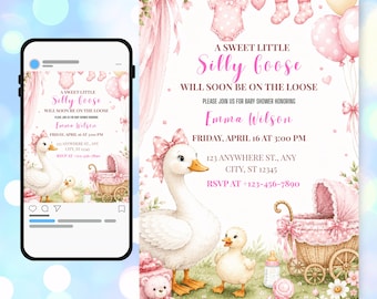 Editable Silly Goose Girl Baby Shower Invitation | Pink Bow Canva Invite | Digital Download (5X7)