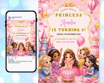 Editable Any Age Royal Princess Birthday Invitation | Canva Digital Invite | Instant Download