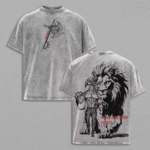 Escanor Seven Deadly Sins Vintage Washed Oversized Tee, Giant Lion Warrior Graphic Shirt, Double Sided Manga Print Unisex 2 Colors