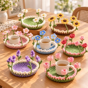 May include: A collection of round, crocheted coasters featuring various floral designs including daisies, sunflowers, pink roses, blue forget-me-nots, lavender, and tulips. Several coasters hold small ceramic mugs filled with tea.
