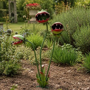 May include: A metal garden sculpture featuring three stylized carnivorous plants with green and red leaves, open mouths, and pointed white teeth. The sculpture has three thin green stems rising from a base of jagged green and red leaves.