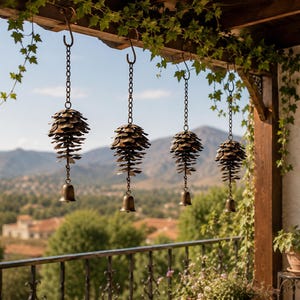 May include: Four hanging ornaments shaped like pinecones, each crafted from dark metallic material with layered scales. Each ornament is suspended by a metal chain from an S-hook and features a small, matching metal bell attached at the bottom.