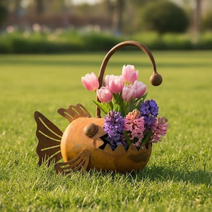 May include: A rust-colored metal fish-shaped planter featuring a curved handle with a spherical top. The hollow body of the fish is filled with a vibrant arrangement of pink tulips, purple hyacinths, and light pink hyacinths.