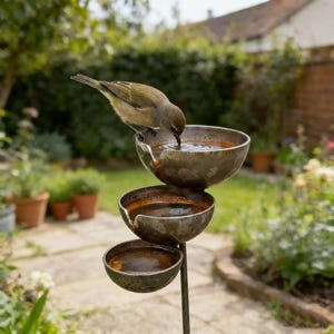 Puede incluir: Un bebedero para pájaros de metal de tres niveles con cuencos apilados de acabado oscuro y rústico. Un pequeño pájaro marrón de pecho claro está posado en el borde del cuenco superior, bebiendo agua del recipiente de la estructura exterior.