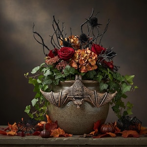 Peut inclure: Un pot en céramique brun moucheté orné d'une chauve-souris sculptée aux ailes déployées sur le devant. Le pot contient un arrangement floral composé de roses rouges, d'hortensias orange, de chardons noirs épineux et de lierre vert, avec des brindilles noires.