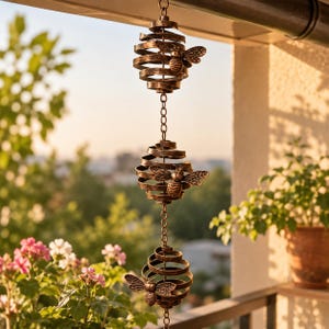Op de afbeelding: Een hangende metalen windgong met drie bronskleurige, spiraalvormige bijenkorven die verbonden zijn door dunne kettingen. Elk spiraalvormig gedeelte is versierd met een gedetailleerd metalen bijenfiguur aan de zijkant, afgewerkt in een verweerde bronskleur.